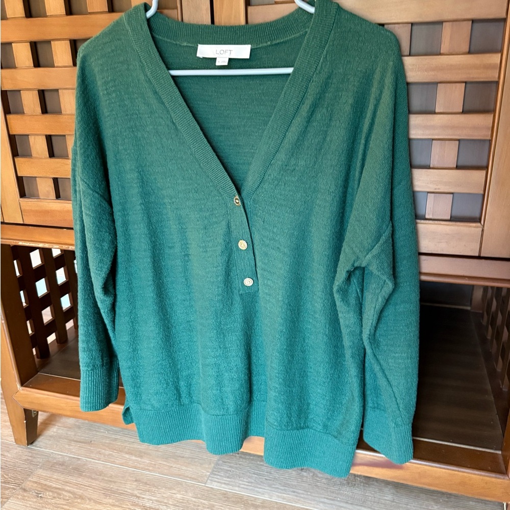 LOFT Teal Green V-Neck Sweater with Button Placket